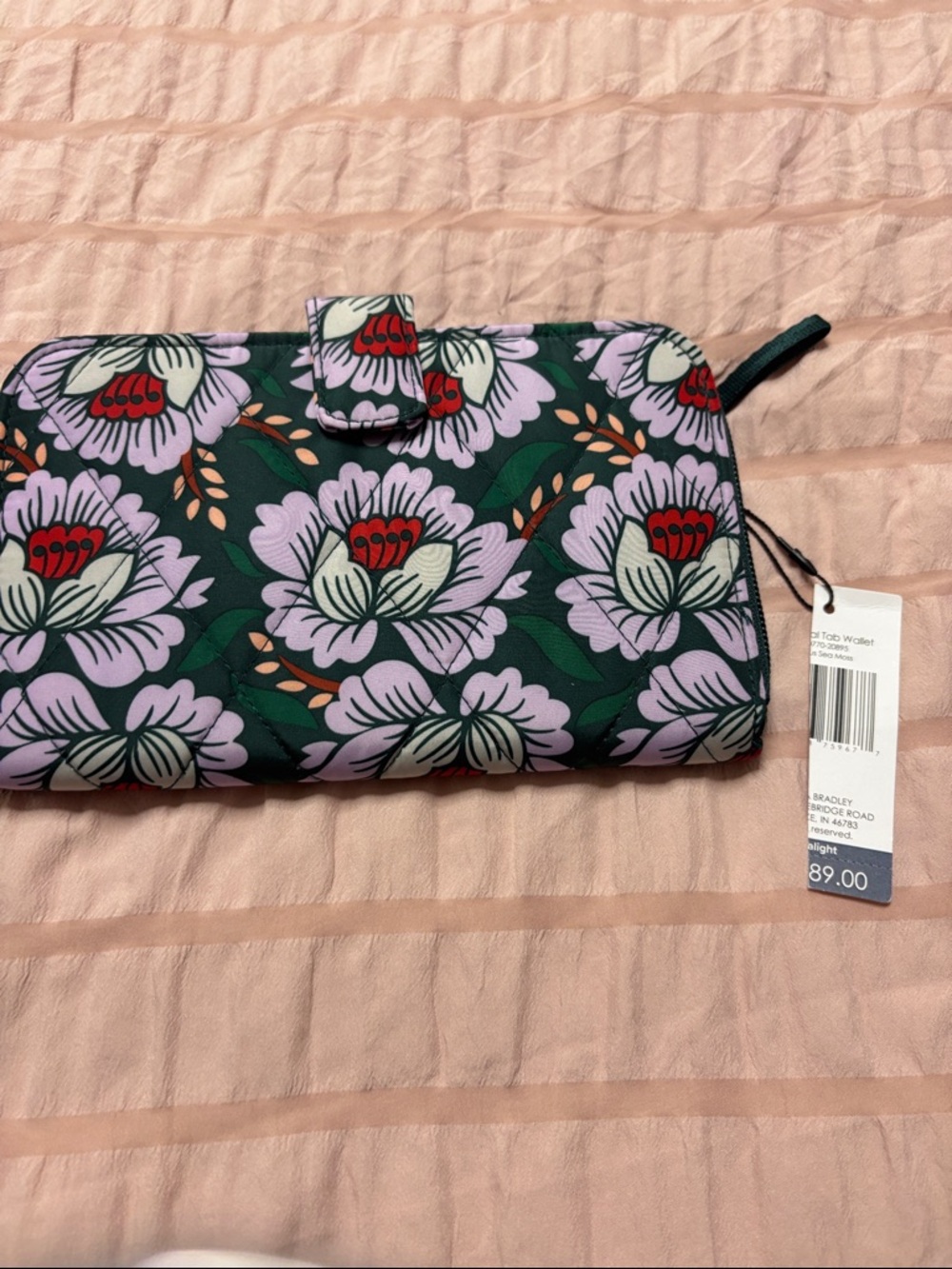 Vera Bradley Floral Pattern Zip Wallet - Dark Green with Lilac Flowers